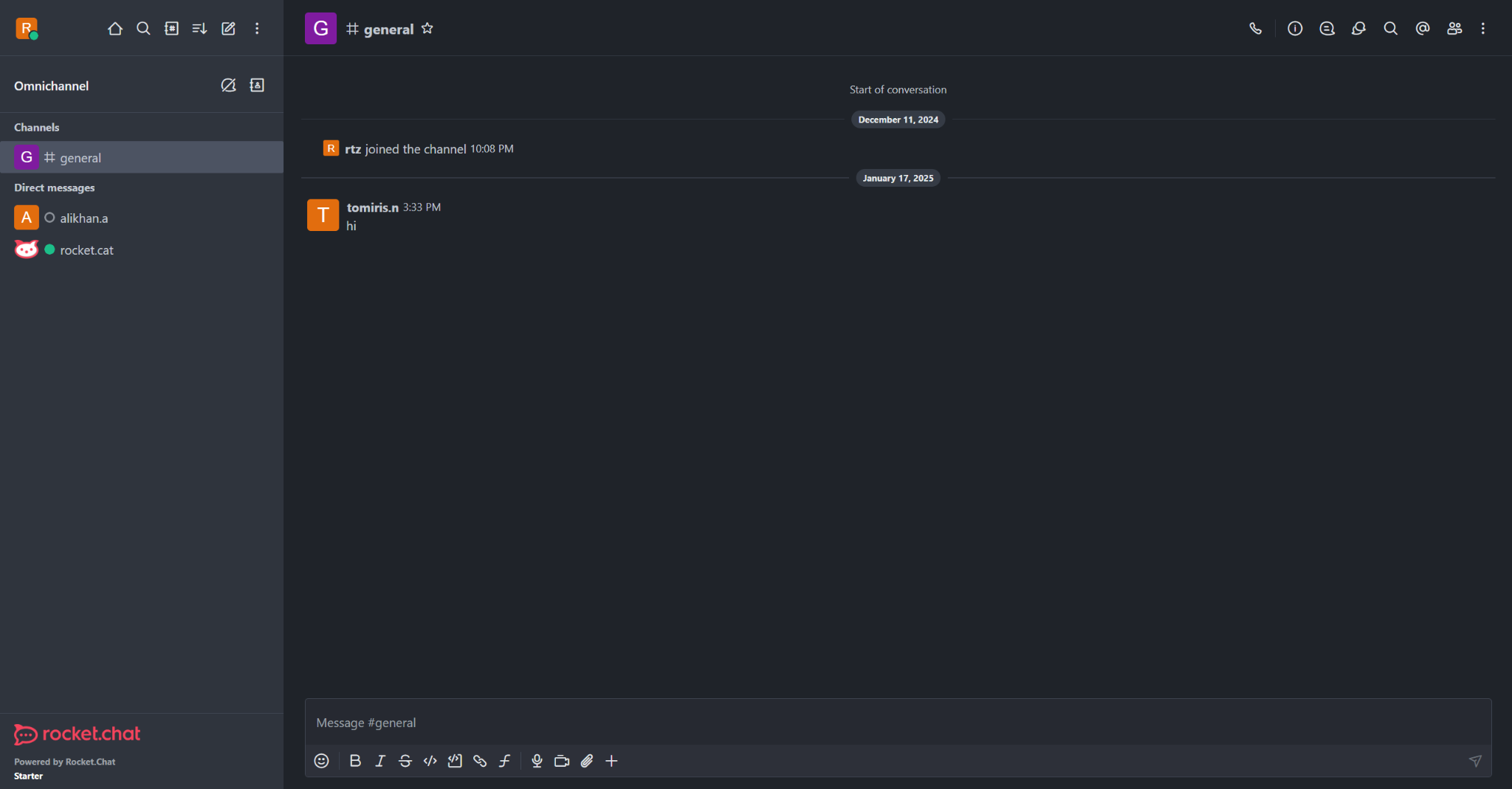 Интерфейс корпоративного мессенджера Rocket.Chat